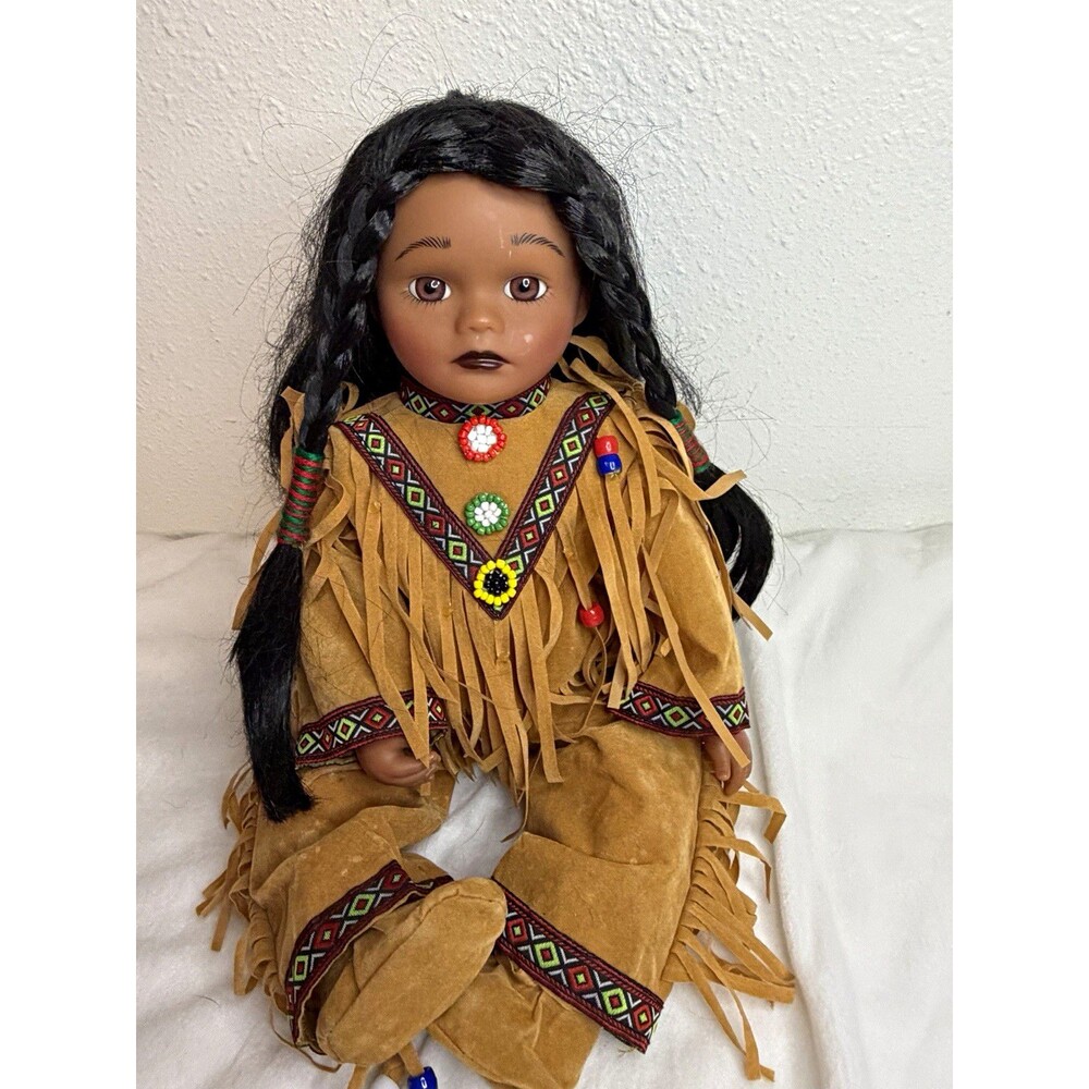 Native American Style Collectible Girl Doll, Braided Hair, Beaded Fringe Outfit
